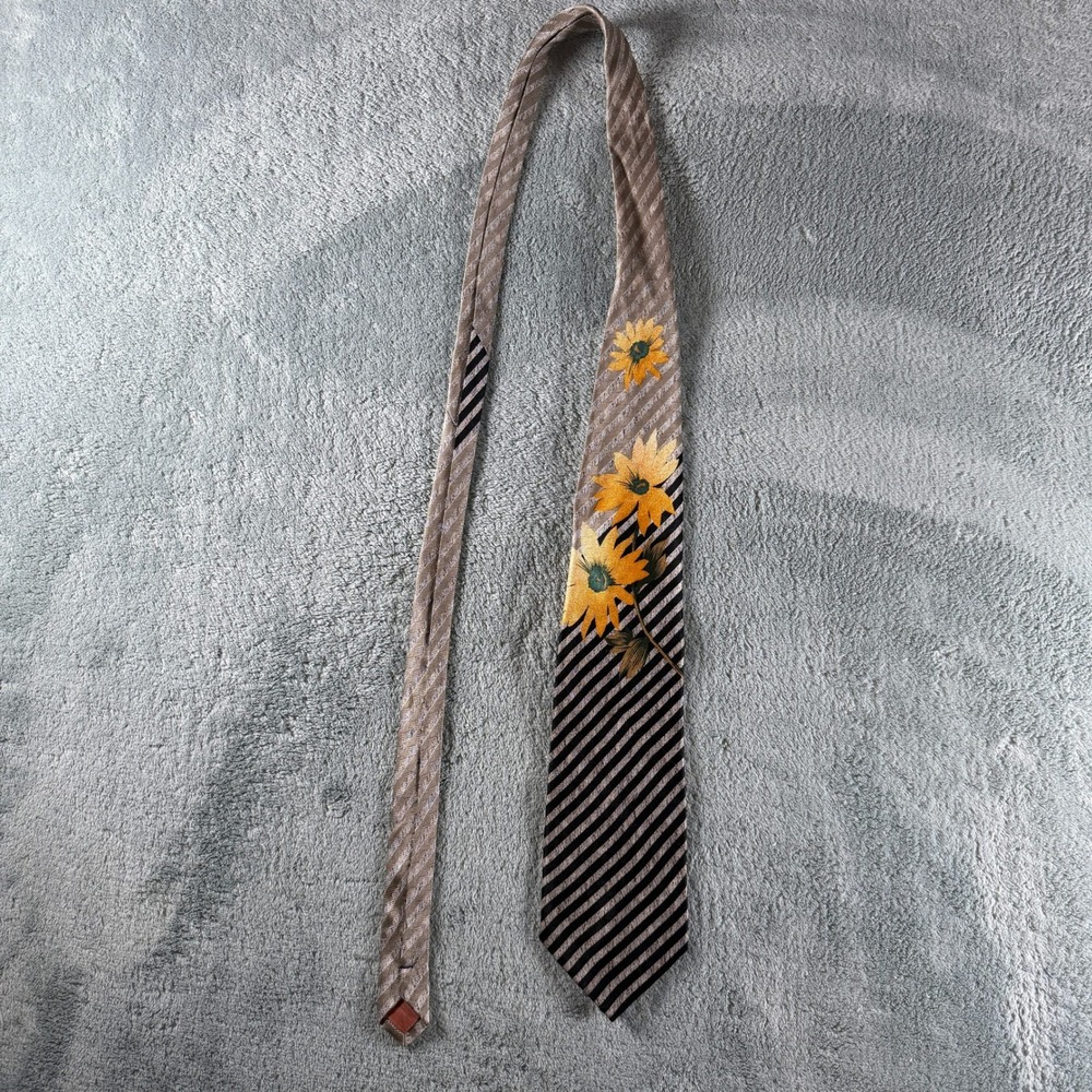 Crystal Mens Silk Tie Tan Black Striped Sunflower Floral Necktie 100% Silk